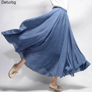 Women's Elegant High Waist Linen Maxi Skirt Casual Elastic Waist Layered Skirt