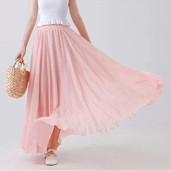 Cotton Linen Maxi Skirt Women High Waist Pleated Beach Casual - Image 10