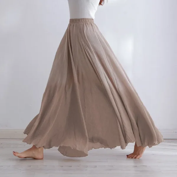 Cotton Linen Maxi Skirt Women High Waist Pleated Beach Casual - Image 2