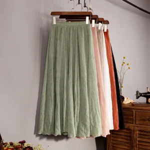 Women's High Waist Linen Pleated Skirt Casual Summer 2025 Fashion