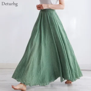 Cotton Linen Maxi Skirt Women High Waist Pleated Beach Casual