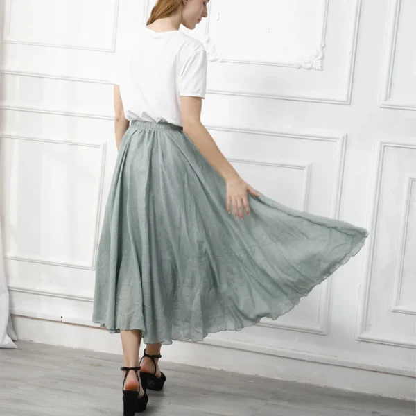 Cotton Linen Maxi Skirt Women High Waist Pleated Beach Casual - Image 13