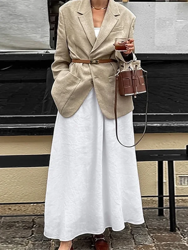 Solid Cotton Linen High Waist Pleated A-Line Maxi Skirt Women Fashion - Image 4