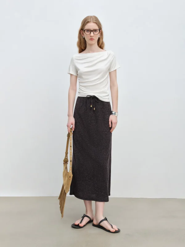 Summer Linen Midi Skirt Petite Textured Elegant Office Chic Draped Design - Image 4