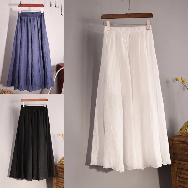 Vintage Cotton Linen Pleated Maxi Skirt Women Summer Beach Wear - Image 2