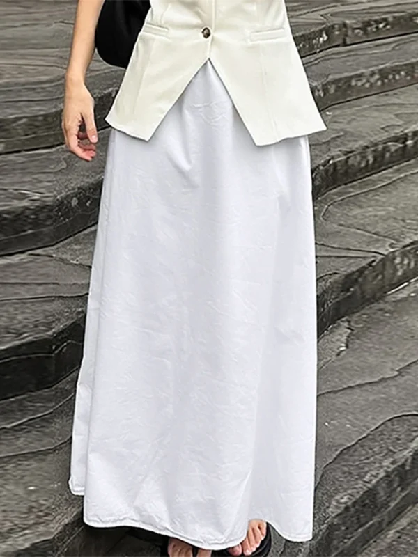 Solid Cotton Linen High Waist Pleated A-Line Maxi Skirt Women Fashion - Image 2