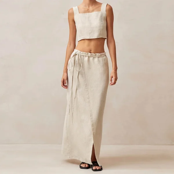 100% Linen Retro French Waist Tie Split Midi Skirt Women Summer Elegant - Image 2