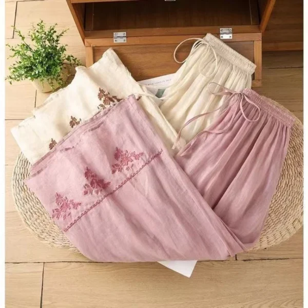 Retro Cotton Linen Embroidered High Waist A-Line Skirt Women - Image 4