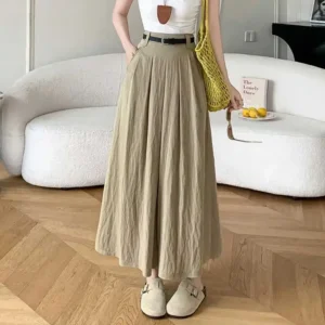 High Waist Pleated Cotton Linen Skirt Women Casual Spring Summer