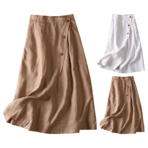 Elastic Waist Cotton Linen Skirt With Pockets Side Slit Casual Wear