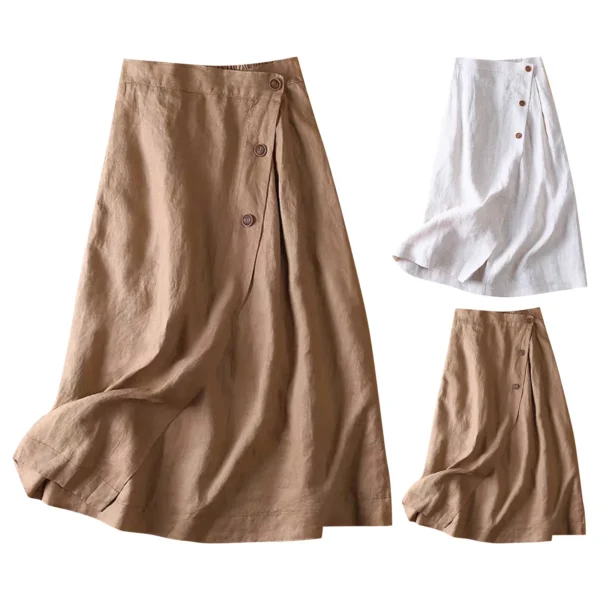 Elastic Waist Cotton Linen Skirt With Pockets Side Slit Casual Wear