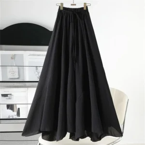 Women’s Vintage Cotton Linen Irregular Lace-Up Long Summer Skirt