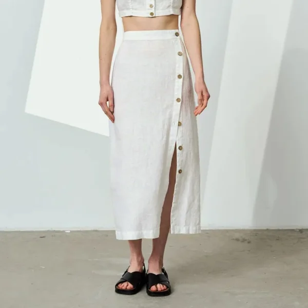 Summer Linen Cotton Skirt High Waist Side Split Casual Mid-Length Style - Image 3