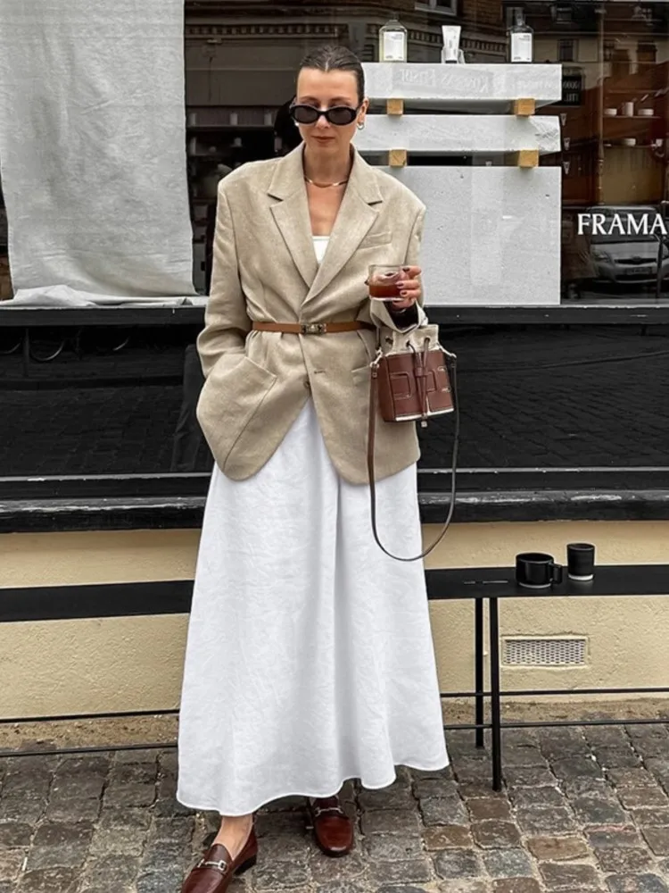 Cotton Linen White Long Skirt High Waist Casual Spring Autumn Skirt - Image 10