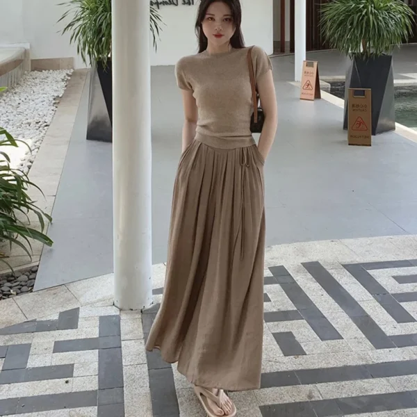Cotton Linen High Waisted Wide Leg Skirt Pants Summer Casual Korean - Image 4