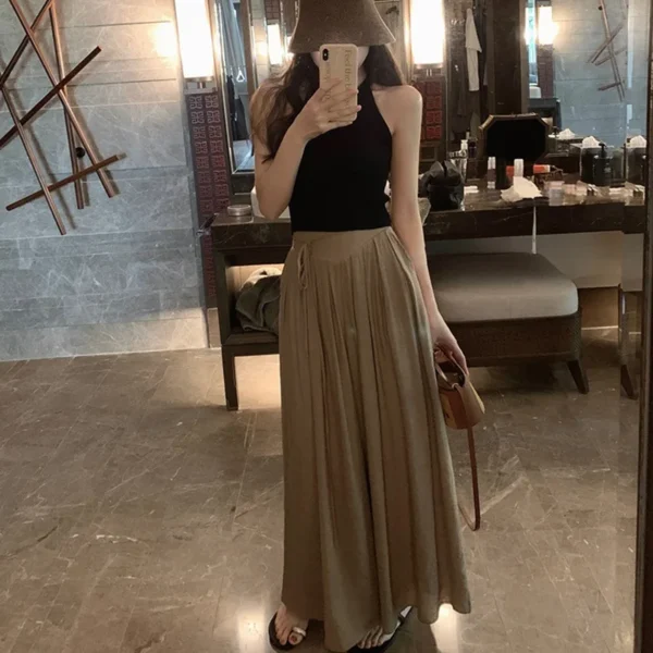 Cotton Linen High Waisted Wide Leg Skirt Pants Summer Casual Korean - Image 3