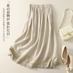 Women Retro Cotton Linen Lace A-Line Long Skirt Summer Casual