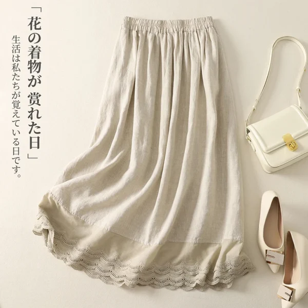 Women Retro Cotton Linen Lace A-Line Long Skirt Summer Casual