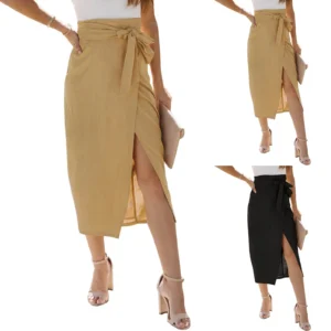 Casual Solid Bodycon Wrapped Skirt Cotton Linen Belted Split Long Skirt