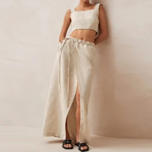 100% Linen Retro French Waist Tie Split Midi Skirt Women Summer Elegant