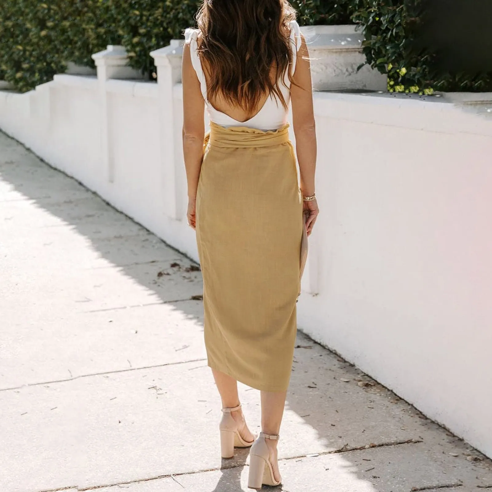 Casual Solid Bodycon Wrapped Skirt Cotton Linen Belted Split Long Skirt - Image 4