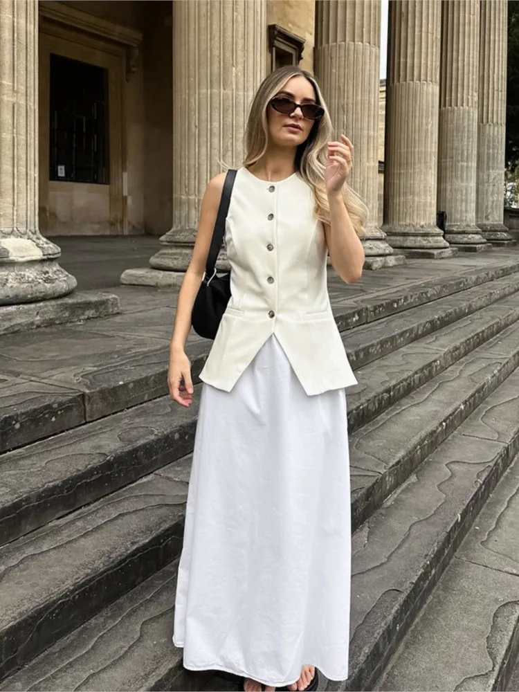 Cotton Linen White Long Skirt High Waist Casual Spring Autumn Skirt - Image 7