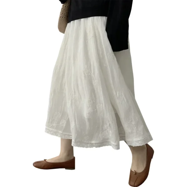 Maternity Summer Cotton Linen Embroidered A-Line Slim Midi Skirt - Image 5