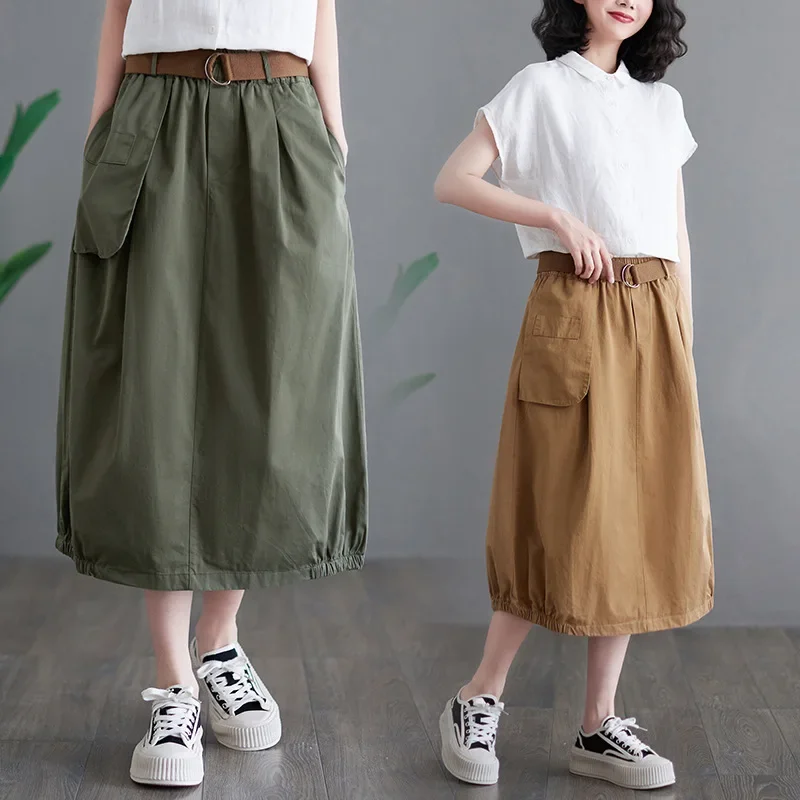Summer New Cotton Solid Color A-Line Skirt Women High Waist Belt Retro Skirt