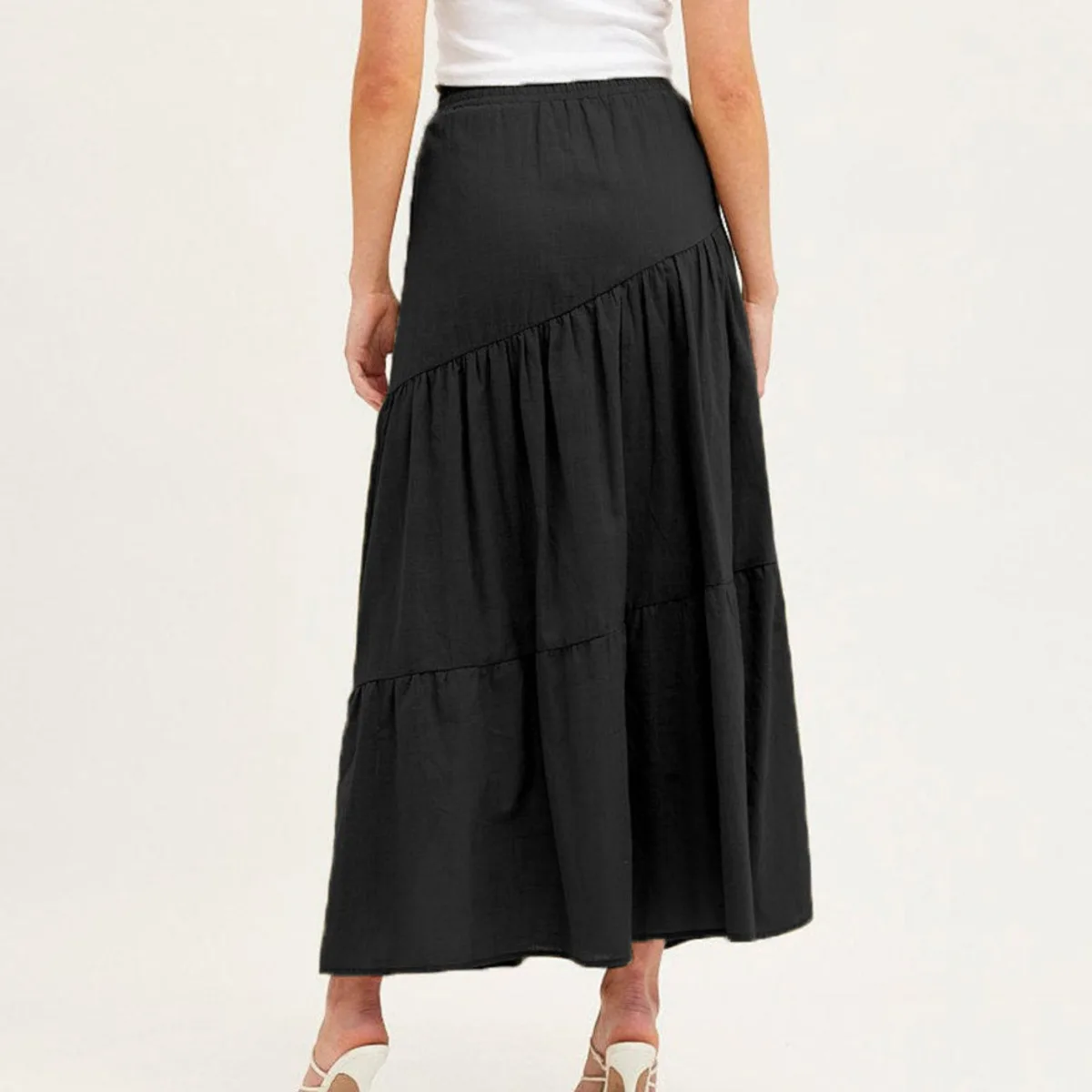 High Waist A-Line Lace Up Long Skirt Cotton Linen Casual Elegant Skirt - Image 3