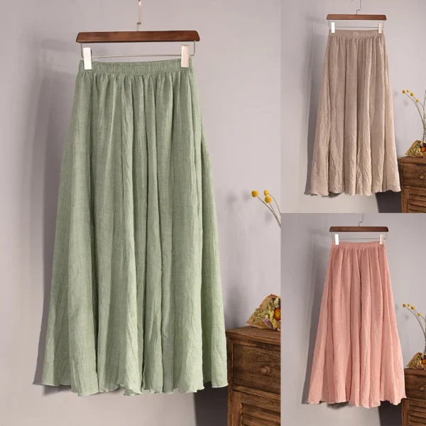 Vintage Cotton Linen Pleated Maxi Skirt Women Summer Beach Wear - Image 6