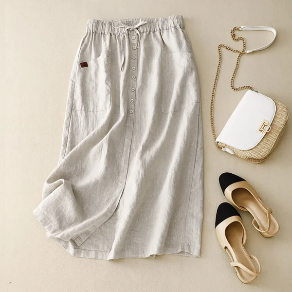 Women’s Cotton Linen High Waist A-Line Pleated Casual Swing Skirt - Image 2