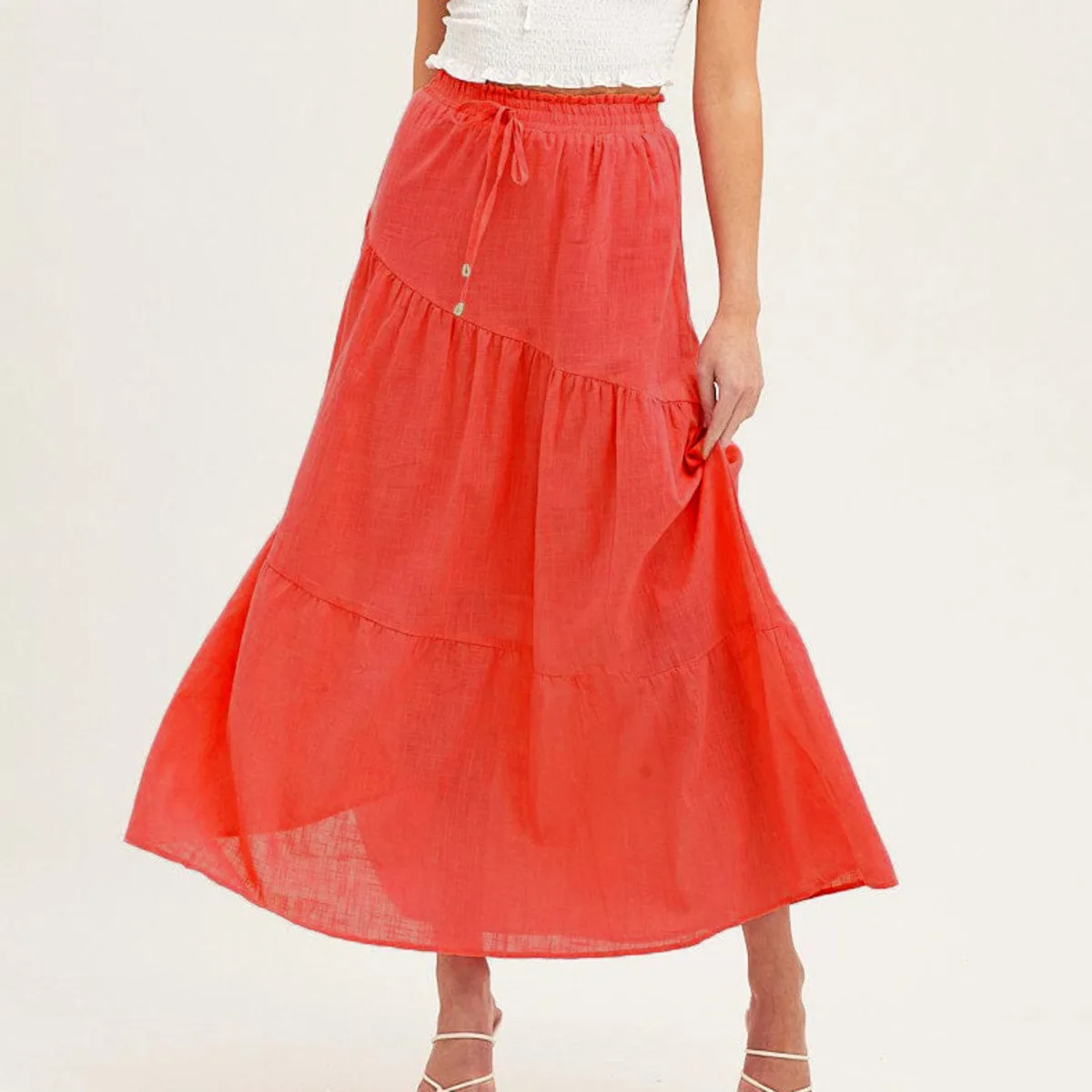 High Waist A-Line Lace Up Long Skirt Cotton Linen Casual Elegant Skirt - Image 6