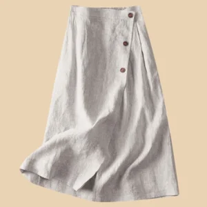 Cotton Linen Women’s Casual Medium Length Buttoned Elegant Skirt