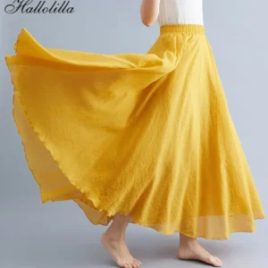 Elegant Cotton Linen Maxi Skirt Women Casual Loose Long Harajuku Style