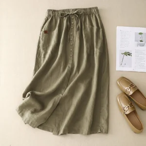 Women’s Cotton Linen High Waist A-Line Pleated Casual Swing Skirt