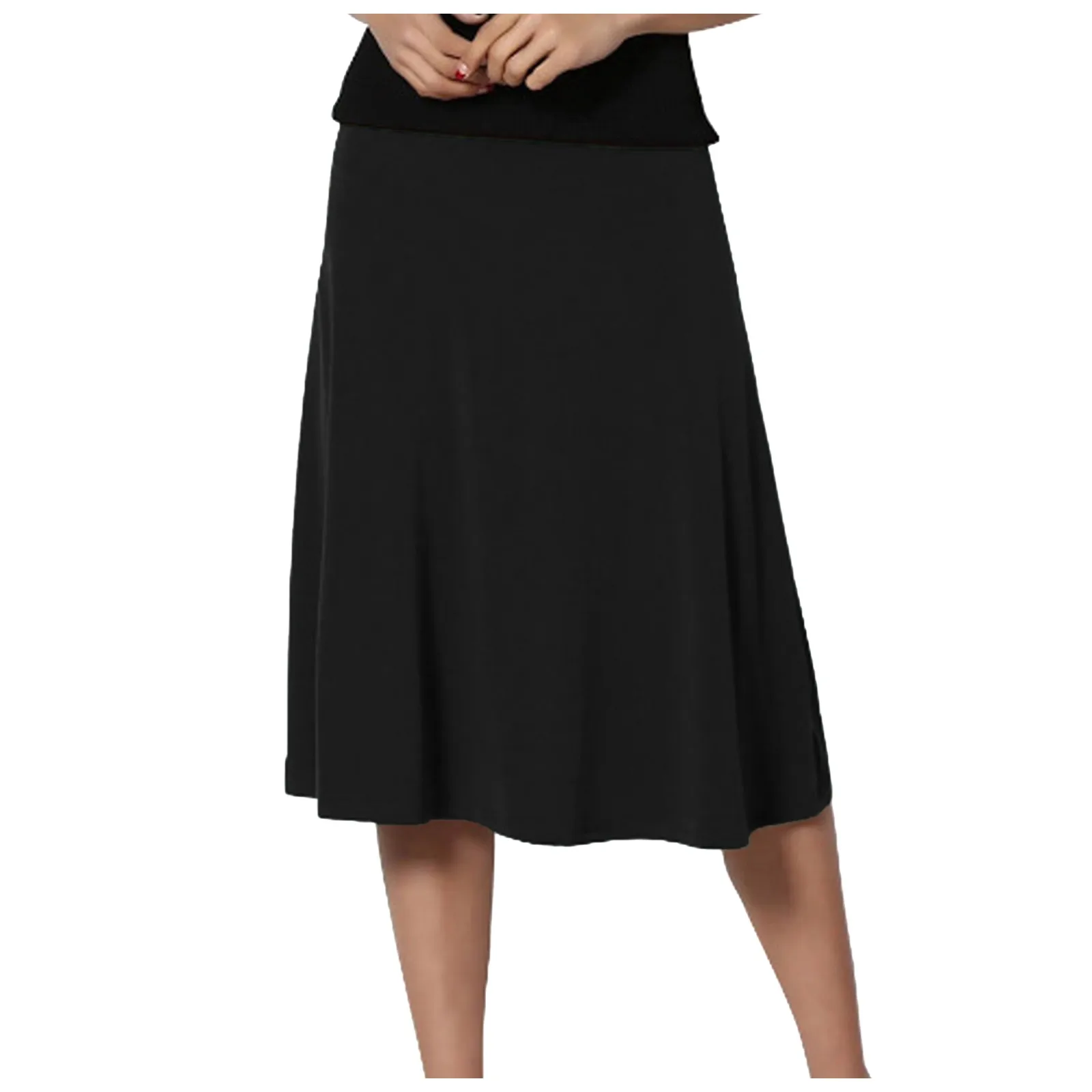 Women's Solid Skirt Lightweight Flare Hem Knee Length High Waist Mid Swing Skirt
