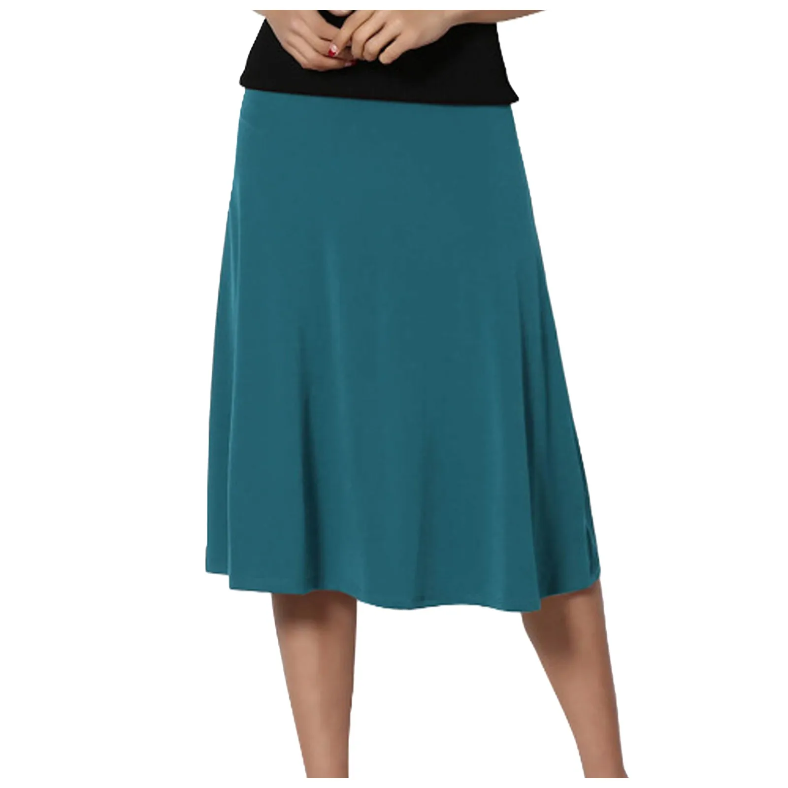 Women's Solid Skirt Lightweight Flare Hem Knee Length High Waist Mid Swing Skirt - Image 3
