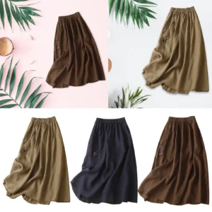 Women’s Cotton Linen Maxi Skirt High Waist Pleated Casual Wear