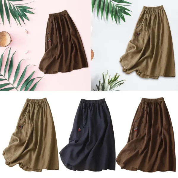 Women’s Cotton Linen Maxi Skirt High Waist Pleated Casual Wear