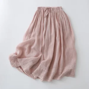 Summer Elegant Gentle Pink Cotton Linen Skirts Women Lace A-Line Mid Length Skirt