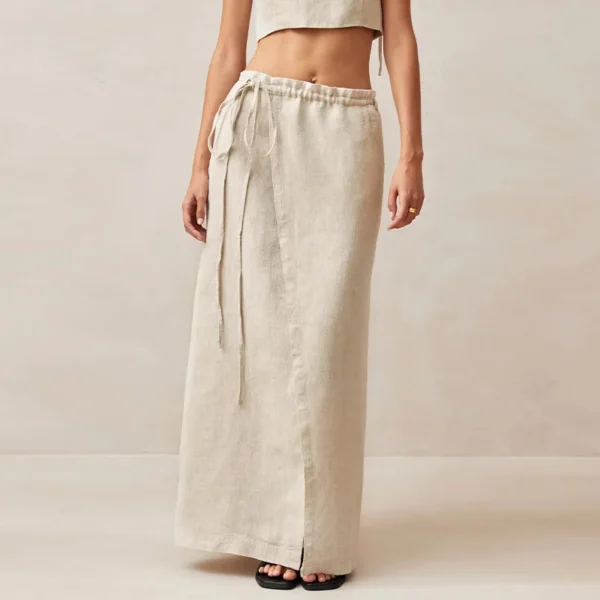 100% Linen Retro French Waist Tie Split Midi Skirt Women Summer Elegant - Image 3