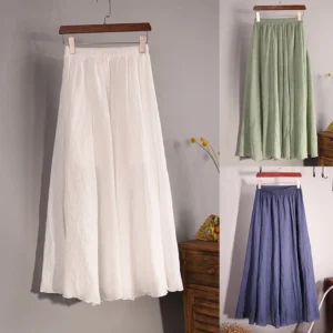 Vintage Cotton Linen Pleated Maxi Skirt Women Summer Beach Wear