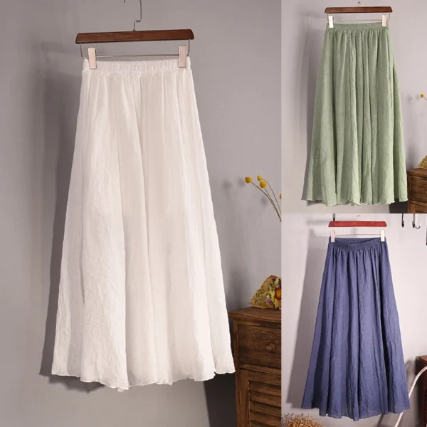 Vintage Cotton Linen Pleated Maxi Skirt Women Summer Beach Wear