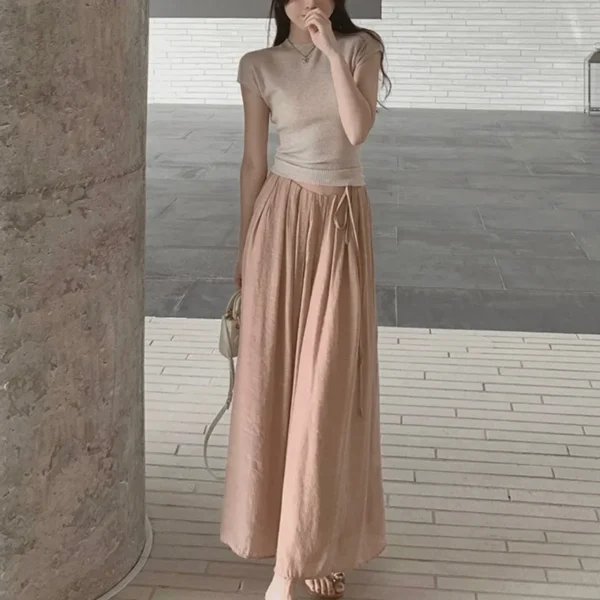Cotton Linen High Waisted Wide Leg Skirt Pants Summer Casual Korean - Image 2