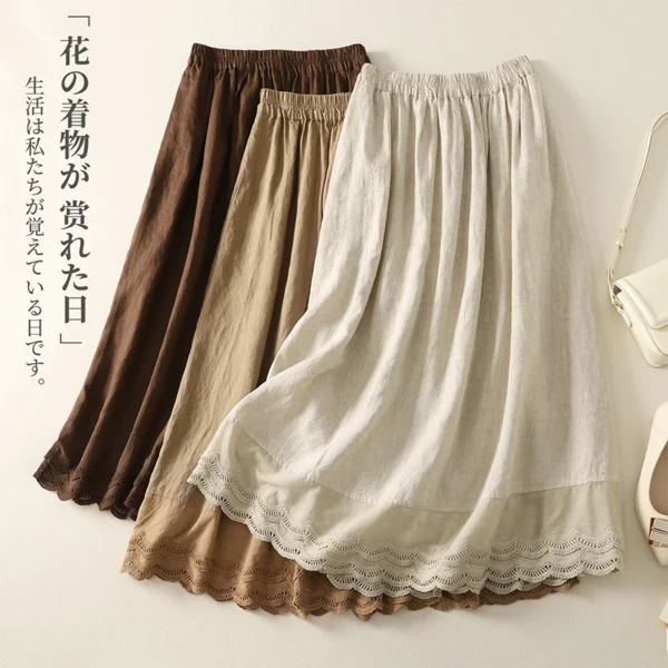 Women Retro Cotton Linen Lace A-Line Long Skirt Summer Casual - Image 2