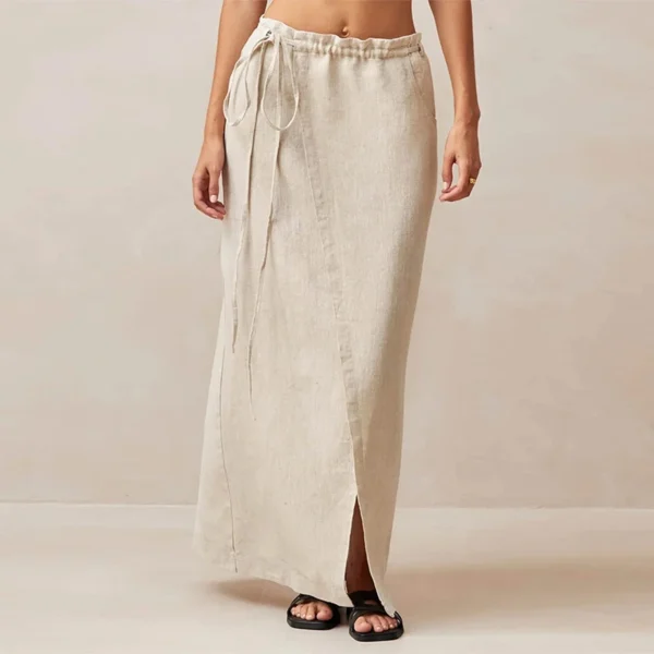 100% Linen Retro French Waist Tie Split Midi Skirt Women Summer Elegant - Image 4