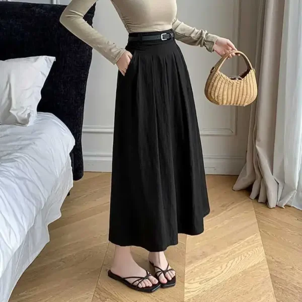 High Waist Pleated Cotton Linen Skirt Women Casual Spring Summer - Image 4