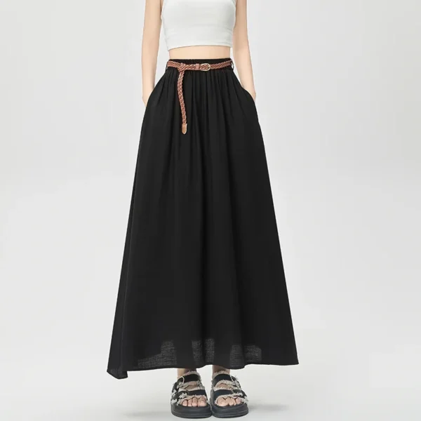 Summer Cotton Linen High Waist A-Line Midi Skirt Women Casual Elegant - Image 4