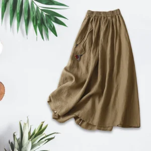Women's Solid Linen Knee-Length A-Line Casual Comfortable Skirt
