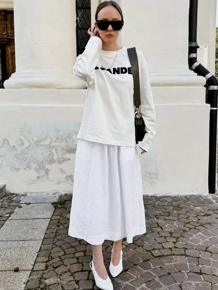 Cotton Linen White Long Skirt High Waist Casual Spring Autumn Skirt - Image 5